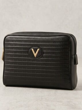 Mario Valentino Logo Vintage Black Leather Clutch Toiletry Travel Pouch Case